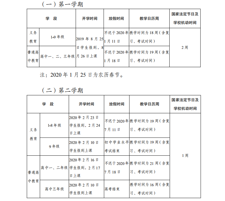 云南中小学寒假开学时间安排